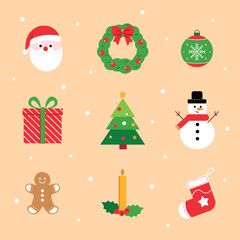 Holiday Christmas icons, holiday mood collection, Santa Claus, snowman, advent wreath, gingerbread man, Christmas gift, holiday tree
