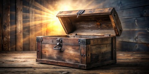 A weathered wooden treasure chest sits open on a rustic plank surface, bathed in warm, ethereal light, revealing the secrets it holds within.