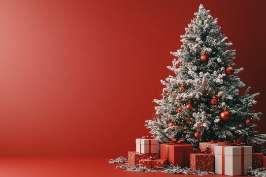 Realistic 3D Christmas tree with gifts on red background, holiday concept, 2/4K resolution, copy space for seasonal greetings or promotion.