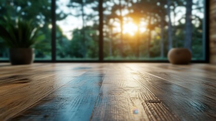 Sunrise light gently touches the wooden floor through large windows, creating a serene and peaceful atmosphere with warm tones. A plant sits in the foreground.