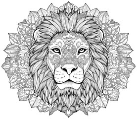 Fototapeta premium Head of a Lion Mandala Pattern Coloring Page for Adults Intricate Lion Illustration Detailed Mandala Design Relaxing Art Activity for Adults Majestic Animal Art Page