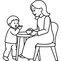 mother feeds boy sitting in child