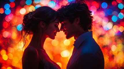 Romantic couple silhouette against a colorful bokeh background
