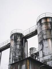 Industrial Silos: Weathered Metal Structures Against a Gray Sky, Ideal for Urban Exploration and Architectural Inspiration