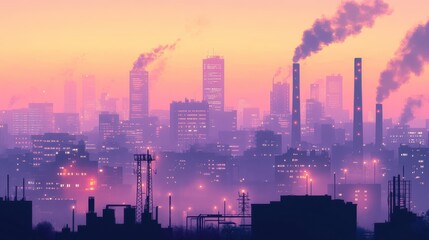 Fototapeta premium Smoggy urban skyline at dusk, emphasizing the growing concern of air pollution and global warming impacts.