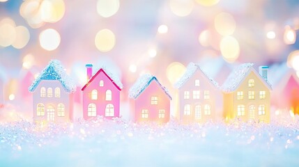 A cute pastel Christmas village scene with colorful houses and soft, glowing lights in a festive display.