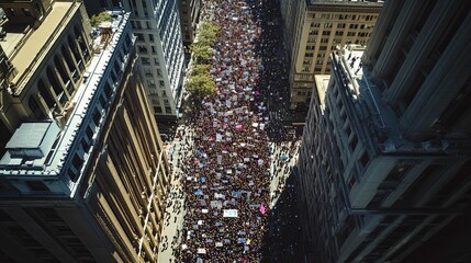 Aerial View of a Large Crowd of People Marching Down a City Street
