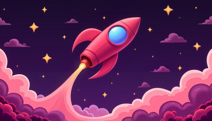 Fototapeta premium Colorful cartoon rocket launching into space with stars and clouds in a vibrant night sky, Valentine’s Day celebration