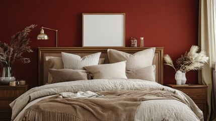 Bedroom with red walls and a blank mockup frame, set above a soft bed with neutral-toned bedding