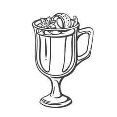 Christmas grog outline vector illustration. Hand drawn hot Xmas drink in glass with handle, star anise decoration and lemon zest spiral, grog with citrus fruit and spices, Christmas market beverage