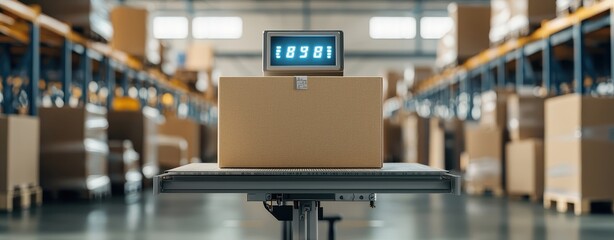 Close-up of a cardboard box on a digital weighing scale in a modern warehouse with blurred shelving in the background.