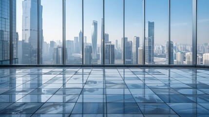 Fototapeta premium Empty square floor with city skyline background, City skyline reflected in glass facades, abstract urban symmetry