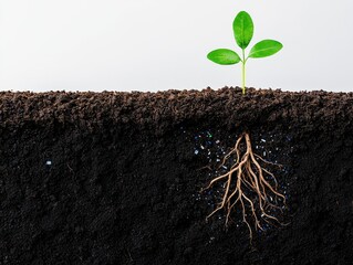 Cross-section of soil showing a green seedling sprouting above ground and its roots extending below, symbolizing growth and nature.