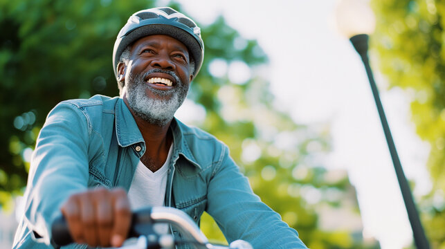 A smiling elderly black man riding his moutain bicycle along a tree-lined path in a park, Happy senior african man cycling on bike to keep fit healthy & active