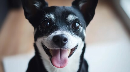 Dog sitting on a white backdrop, tongue out and eyes bright, looking playfully at the camera --chaos 25