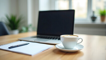 A clean, modern workspace with a laptop, notepad, and coffee cup neatly arranged on a wooden desk, with a blurred office background.