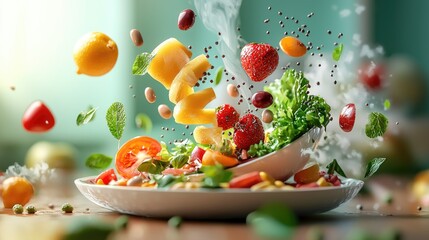 Obraz premium A vibrant salad is exploding with colorful fruits and greens, showcasing freshness and vitality in a dynamic, appetizing display.