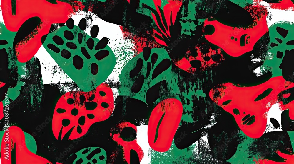 Poster Eye-catching seamless pattern with abstract green and red forms, creating a balanced and artistic design perfect for textiles or backgrounds