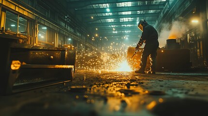 Industrial Worker Welding Metal Sparks Flying