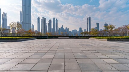 Fototapeta premium Empty square floor with city skyline background, Minimalist cityscape with clean lines, sleek urban design aesthetic