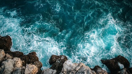 Turquoise Ocean Waves Crashing Against Rugged Cliffs: A Breathtaking Aerial View of Coastal Beauty