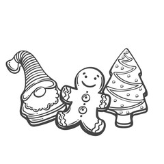 Christmas Gingerbread outline vector illustration. Hand drawn Xmas cookies in shape of funny man, gnome with beard and hat and Christmas tree, sketch ginger sweet treat with icing and glaze decoration