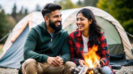 A portrait of an Indian couple enjoying a bonfire during a camping trip, laughing and enjoying the adventure.	
