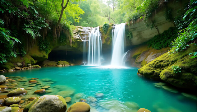A hidden jungle waterfall cascading into a turquoise pool, surrounded by lush greenery and moss-covered rocks.