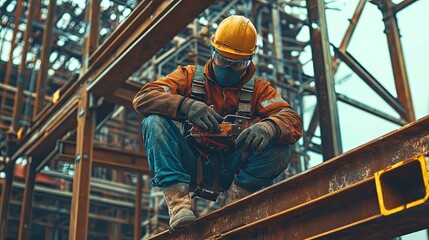 Worker inspecting steel beams at a construction site