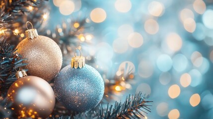 Glittering, pastel blue bokeh sparkles that create a cheerful, festive mood, capturing the joy of the New Year and Christmas.