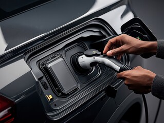 Close-up of hands plugging a charger into an electric vehicle, emphasizing clean energy, sustainability, and modern transportation technology.