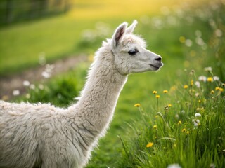 Fototapeta premium Close Up of White Alpaca in Green Meadow with Bokeh Effect for Nature Lovers