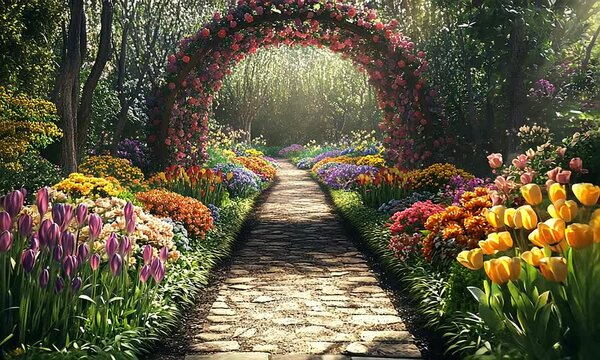 A garden with a large archway and a path leading through it. The archway is covered in flowers and the path is lined with colorful flowers. The garden is a peaceful and serene place to walk through