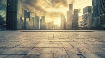 Empty square floor with city skyline background, Cityscape in autumn colors, fall foliage against the urban backdrop