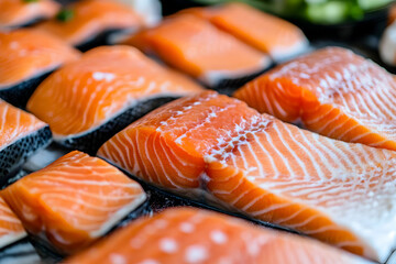 Fresh salmon fillets, close-up view showcasing vibrant orange color and texture. Perfect for culinary websites, blogs, or recipe books.
