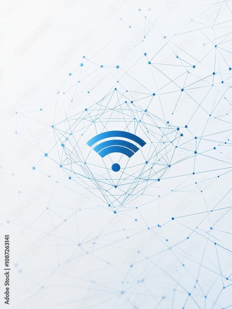 Poster a blue wi-fi symbol is placed at the center of a network of interconnected lines and dots, illustrat