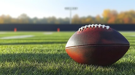 Obraz premium Classic American Football on Yard Line - Autumn Game Day Atmosphere with Soft Shadows and Lush Green Grass Goalposts in the Distance Perfect for Sports and Football Themes
