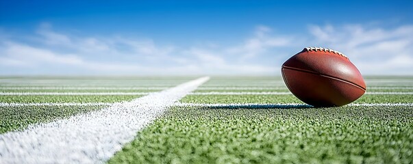 Football on the 50-Yard Line - Sunlit Field with Rich Leather Textures and Gentle Shadows Under Open Sky