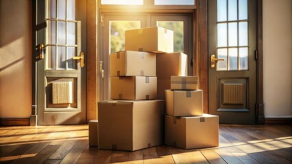 A stack of cardboard boxes sits inside a home near an open door, bathed in the warm glow of sunlight streaming through the windows.