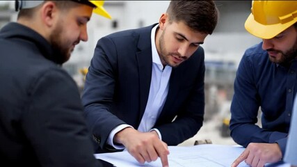 Construction team discusses project plans at job site