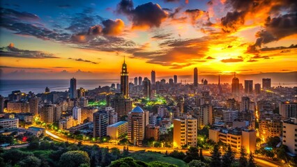 Fototapeta premium Silhouette of Beirut City Map at Sunset - Capturing the Urban Landscape and Architectural Elegance of Lebanon's Capital with Beautiful Colors and Shapes in the Sky