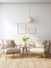 Minimalist Living Room Beige Armchairs Wooden Coffee Table  Pendant Lamp