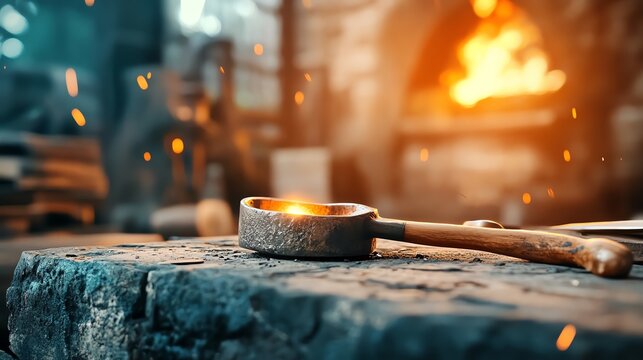 A close-up of a forging tool on a wooden table, glowing hot amidst glowing sparks in a blacksmith's workshop. - Powered by Adobe