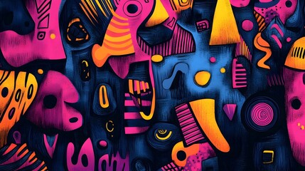 Bold funky doodle pattern with abstract geometric shapes and neon accents