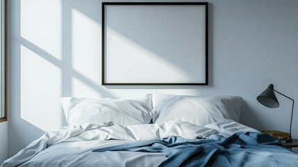 Modern bedroom interior with a mockup frame above a bed, against a bright white background wall