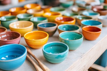 A colorful array of handmade pottery bowls arranged on a table, showcasing unique designs and vibrant hues.