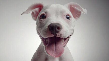 Fototapeta premium Playful dog sitting on a white background, tongue out, and eyes bright while looking directly at the camera