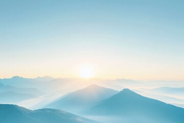 The sun rises behind misty mountains, illuminating the landscape with soft light and creating a tranquil atmosphere for early risers. Generative AI