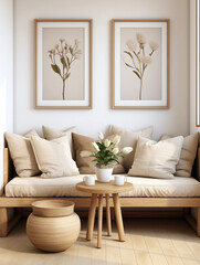 Beige Living Room Interior Design Wooden Bench Side Table Floral Prints