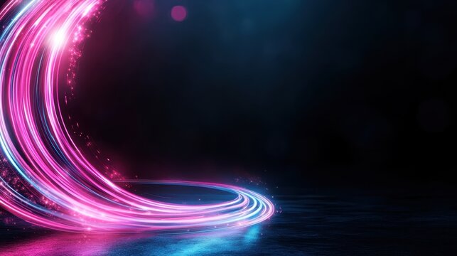 Enthralling pink and blue light streaks curve and spiral in dark space, conveying speed and innovation with a futuristic digital artistic style.